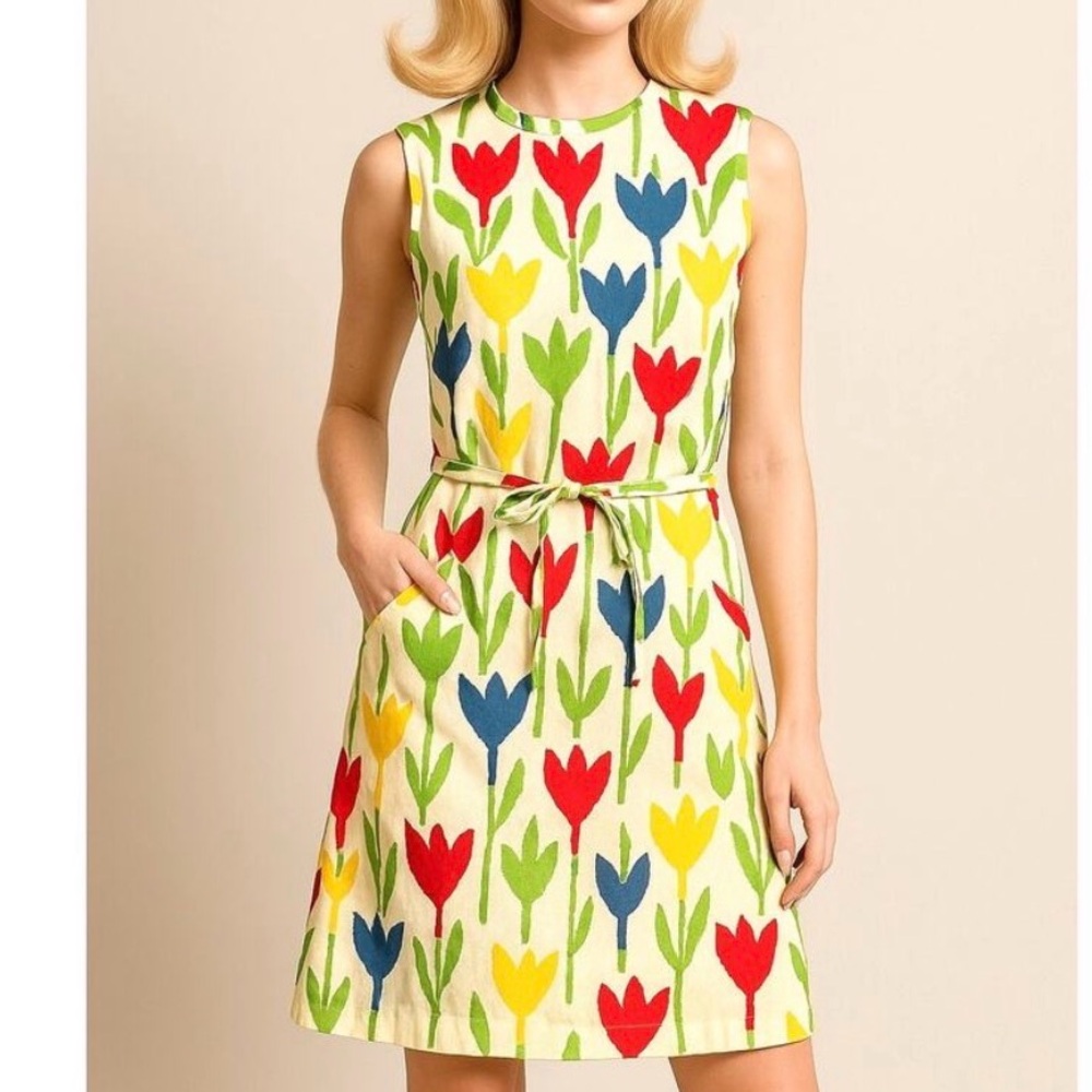 Vintage 60s Tanner of North Carolina Tulip Print Mini Shift Dress Sleeveless 8